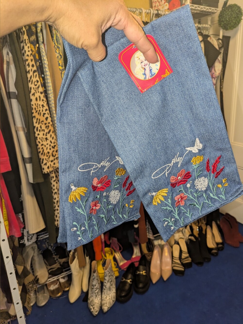 NWT Dolly Parton Floral Embroidered Denim Kitchen Towels Set 2 Memorial Tribute